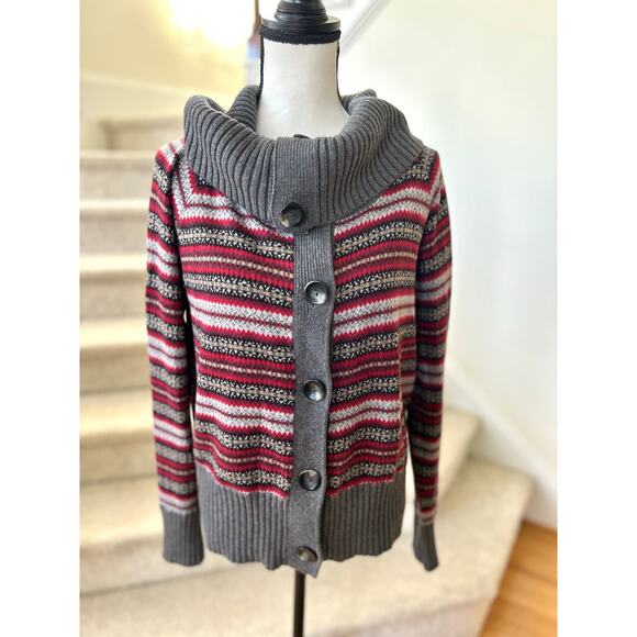 Eddie Bauer Red & Grey Fair Isle Cashmere & Angora Rabbit Cowl Neck Sweater - Picture 2 of 7